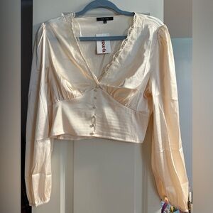 Love Tree Ivory Satin Top with Lace Edging